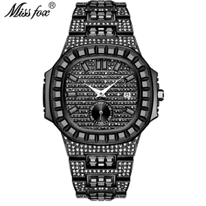 Hip hop men's iced out black quartz watch with full crystal pavé and date display