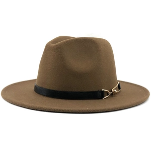 Detailed view of deep brown fedora hat with black leather band and gold metal buckle