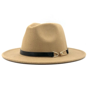 Detail view of camel wool fedora hat with a black leather belt and gold metal buckle