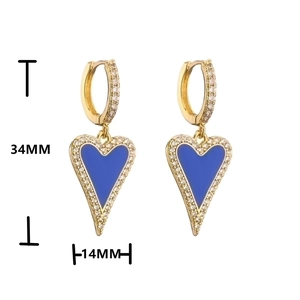 Gold huggie hoop earrings with blue enamel hearts and pavé cubic zirconia 34mm size