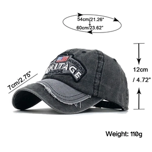 Distressed dark gray cotton baseball cap with size specs and heritage embroidery details