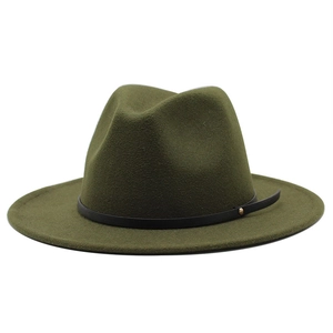 Olive green wool felt fedora hat with wide brim and black leather decorative band