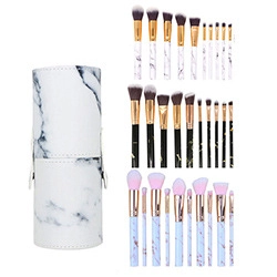 Detail of 30 marble makeup brushes set with synthetic bristles and storage barrel