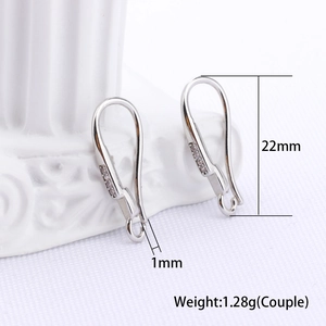 Detail of silver plated zircon ear hooks measuring 22mm by 1mm weighing 1.28g for DIY jewelry