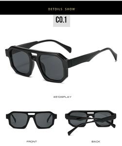 Detailed multi-angle views of black geometric double-bridge sunglasses with dark grey lenses