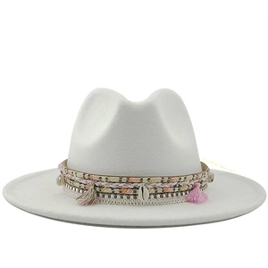 White wide-brim wool fedora hat with bohemian ethnic woven band and seashell details