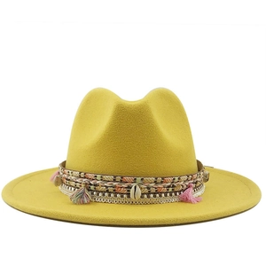 Yellow wool felt fedora with bohemian ethnic woven band and colorful tassels