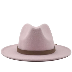 Roze wollen fedora hoed met platte rand en bruine decoratieve band voor dames