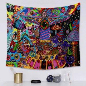 Vibrant bohemian psychedelic wall tapestry featuring surreal mushrooms and celestial motifs