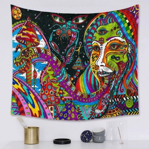 Macro detail of psychedelic tapestry showing vibrant mushroom and eye patterns on fabric
