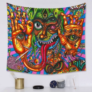 Artistic psychedelic tapestry with Acid and Flor text hanging on a white wall decor