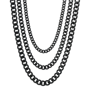 Three pieces of black stainless steel Cuban link necklaces in various lengths on white background