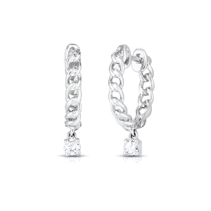 Silver twisted chain hoop earrings with white zircon drop charms on white background