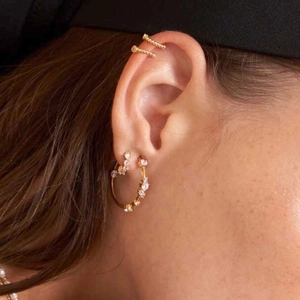 Elegant gold-plated C-shaped earrings with zircon inlay and matching ear cuff set