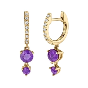 14K gold geometric earrings featuring circular purple gems and sparkling zircon accents