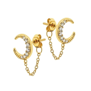 Fashion Crescent Moon Chain Drop Earrings For Women Elegant Rhinestone Inlaid Copper Earrings With Silver Post Jewelry Gift