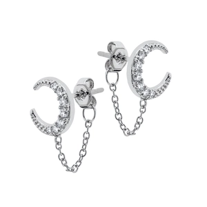 Exquisite S925 silver crescent moon stud earrings with zircon inlay and tassel chain details