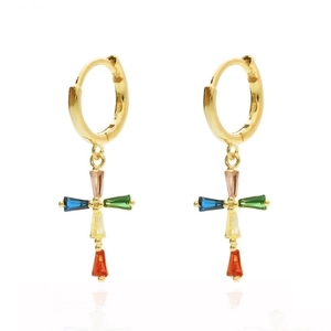 Elegant S925 sterling silver hoop earrings with a colorful crystal cross pendant for women