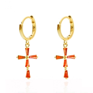 Golden S925 silver hoop earrings featuring orange zircon cross charms on white background