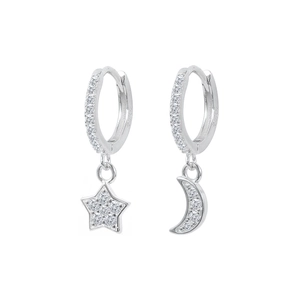 Macro shot of S925 sterling silver star and moon earrings with pavé cubic zirconia