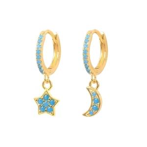 S925 silver gold-plated asymmetrical star and moon hoop earrings with blue stones