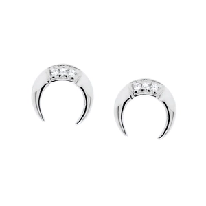 Minimalist S925 silver crescent moon stud earrings featuring three micro-paved cubic zirconia