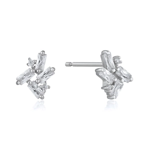 Irregular geometric S925 silver stud earrings with rectangular and round zirconia stones