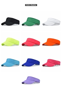 Multi-color display of cotton sun visors showing ten vibrant shades in a grid layout