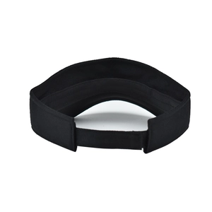 Rear view of black cotton sun visor with adjustable hook-and-loop strap on white background