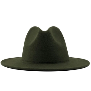 Front view of a dark olive green wool fedora hat with wide flat brim and classic pinched crown