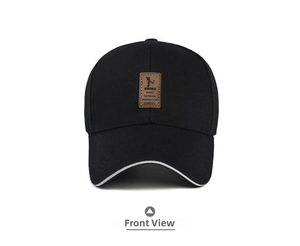 Vista frontal de gorra de béisbol negra con parche de cuero y ribete blanco