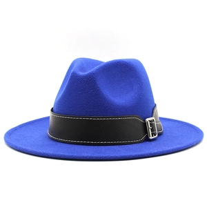 Detail of royal blue wool fedora hat with wide brim and black leather buckle band