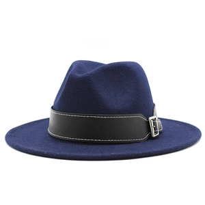 Classic dark blue wide brim wool fedora hat with black leather band and silver buckle