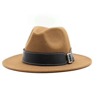 Classic tan wool felt fedora with a black leather band and silver buckle on white background