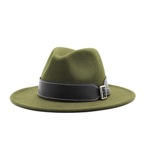 Detail of dark olive wool fedora with black leather band and silver buckle accent