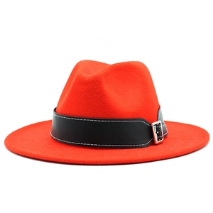 Classic wide brim red fedora hat with black leather band and silver metal buckle detail