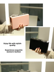 Detailed view of square acrylic clutch bags with metal clasps and silver chain straps