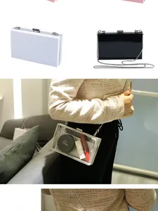 Vertical collage of acrylic box clutch bags with silver chain strap for evening events