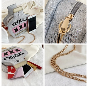 Detailed views of silver sequin tequila bottle bag with gold chain and interior space