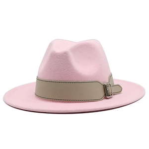 Classic pink wool felt fedora hat with khaki leather band and silver metal buckle