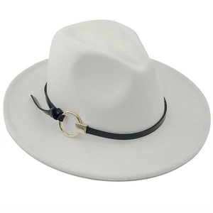 Detail of white felt jazz hat with a black leather band and gold metal ring buckle