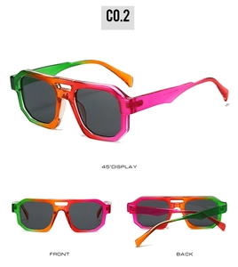 Detail view of colorful gradient irregular sunglasses with a double-bridge frame design