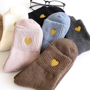 Japanese gold heart embroidery crew socks in various colors with warm ribbed knit texture