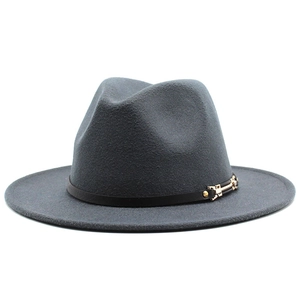 Detail of gray wool felt fedora featuring a black leather band and gold metal buckle