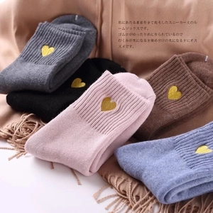 Women Cotton Mid-calf Socks Japanese Style Heart Embroidery Winter Warm Thickened Fleece Lining Casual Ribbed Solid Socks