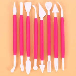 Detailed set of 8 pink plastic sculpting tools for clay DIY and fondant cake decoration