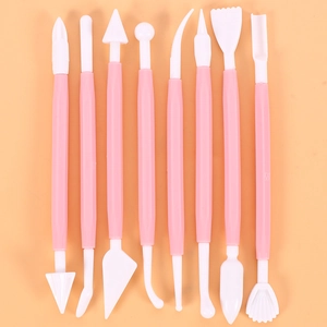 Detailed 8-piece pink plastic clay sculpting tool set for DIY modeling and fondant art