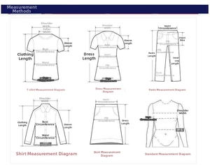 Detailed measurement guide chart showing chest, waist, and length for dresses and tops