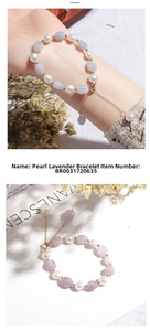Detail of beaded bracelet with white pearls and lavender stones on an adjustable gold chain