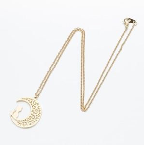Golden stainless steel crescent moon and cat hollow pendant necklace for women